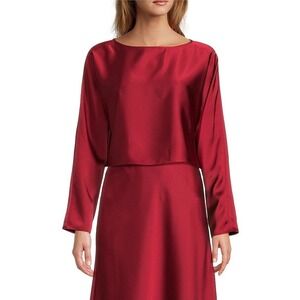 Antonio Melani Blyss Satin Crop Top Cranberry Red Long Sleeve Boat Neck S NEW